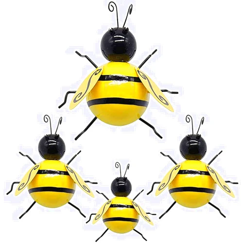 Becizy 4 Pack Metal Bee Wall Decor Outdoor Garden Fence Decor, 3D Bumble Bee Wall Art Decoration, Iron Bee Wall Art Sculpture Hanging for Home, Living Room, Patio, Office, Porches, Yard, Lawn