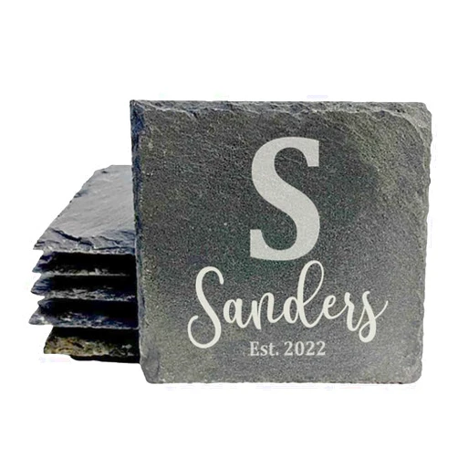 Elliefont Styles Custom Monogram Engraved Slate Coasters, Stone Drink Coasters, Coasters for Drinks, House Warming, Weddings, Couples, Anniversaries, Personalized Gifts, Coaster Set, EST Date, Last Name