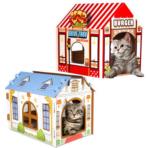 Sekam Cardboard Cat House with Scratcher/Catnip, Cat Play House for Winter Indoor Bundle