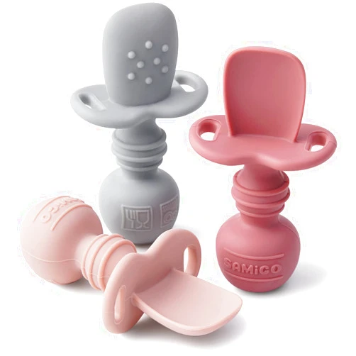 SAMiGO Silicone Baby Spoons Self Feeding 6+ Months - Infant Toddler Utensils - First Stage Baby Led Weaning Feeding Supplies - Set of 3 Pack