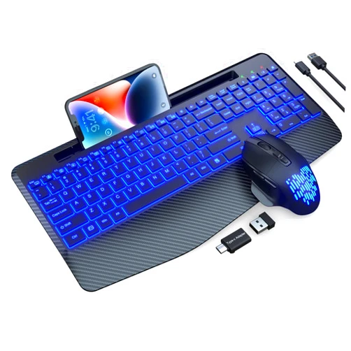 SABLUTE Wireless Keyboard and Mouse Backlits, Wrist Rest, Jiggler Mouse, Rechargeable Ergonomic Keyboard with Phone Holder, Silent Light Up Combo for Computer, Mac, PC, Laptop, Chromebook -by SABLUTE