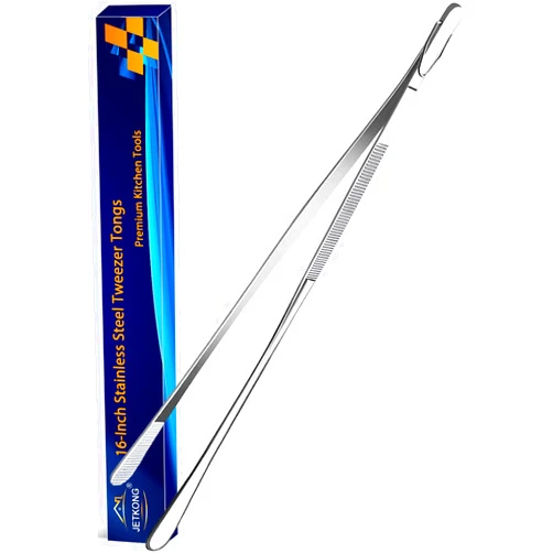 JETKONG 16-Inch Fine Tweezer Tongs Extra-Long Cooking Tweezer Stainless Steel Kitchen Tweezers (Round-Tips)