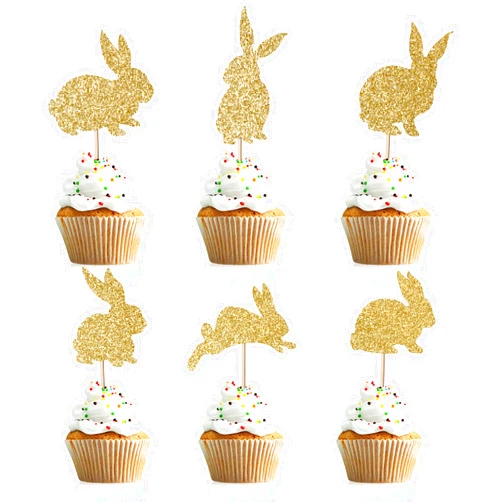 Artczlay 24pcs bunny cupcake topper, easter bunny themed cake decoration, glitter boy girl baby party decoration (gold)
