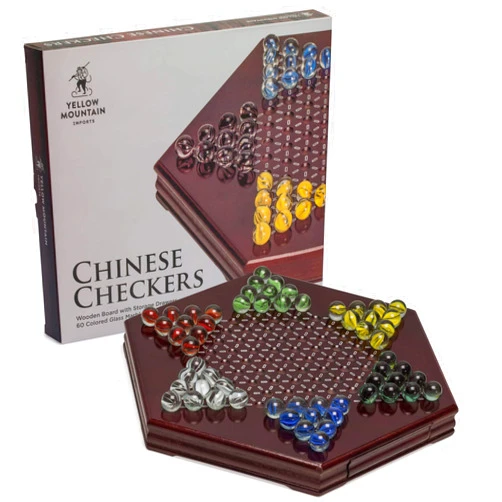 Yellow Mountain Imports Wooden Chinese Checkers Halma Board Game Set (12-Inch) with Storage Drawer and 60 Colored Glass Marbles (14mm) - Classic Strategy Game