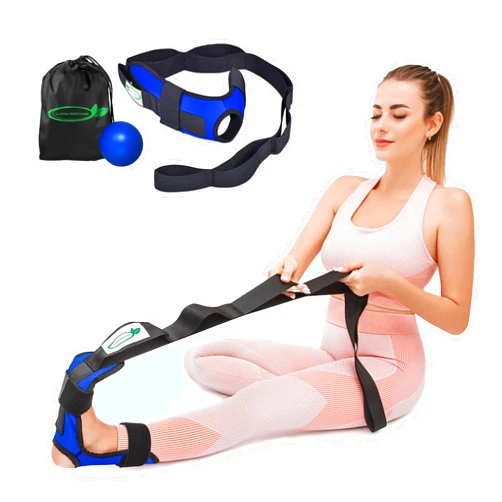 Lumia Wellness Foot and Calf Stretcher for Plantar Fasciitis, Includes Massage Ball, Achilles Tendinitis, Foot Drop, Yoga Foot & Leg Stretching Strap (Blue)