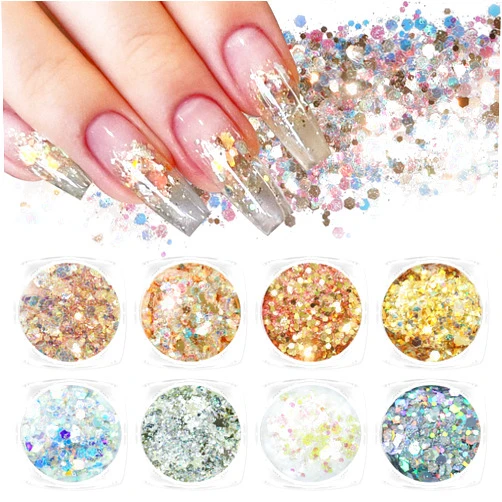 Laza 8 Colors Nail Art Glitter Diamond Dust Iridescent Nail Powder Chunky Glitter Confetti Foil Flakes Sequins for Nail Art Supplies, Gel Polish, Mermaid Makeup, Body, Resin — Dancing Sparkle