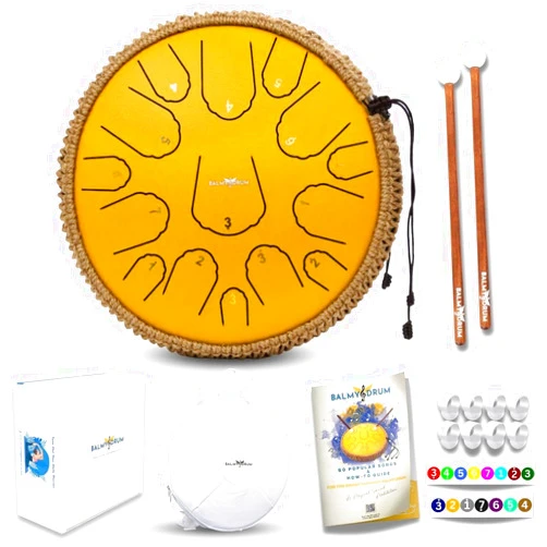 Balmy Drum The Balmy Drum - 15 Note 14 Inch Steel Tongue Drum, Steel Drum Instrument, Drums For Adults, Balmy Drum Set for Kids with Music Book, Handpan Drum, Mallet and Carry Bag - Tongue Drum (Gold)