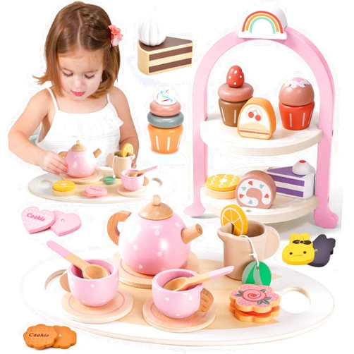 Atoylink Wooden Tea Party Set for Little Girls Toys Kids Play Kitchen Toddler Tea Set with Play Food & Cupcake Stand Pretend Play Wooden Toys for 2 3 4 5 6 Year Old Girl Christmas Birthday Gift