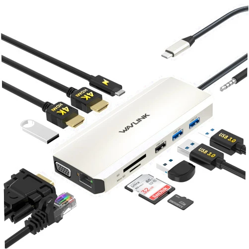 WAVLINK USB C Docking Station Dual Monitor for Dell HP Surface Lenovo MacBook Laptop, Triple Display USB-C Hub Multiport Adapter Dongle- 2 HDMI, VGA, Ethernet,100W PD, 5 USB, SD/TF Card Reader,Audio
