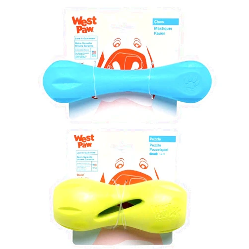 WEST PAW Zogoflex Qwizl Dog Puzzle Treat Toy (Large, Granny Smith) & Zogoflex Hurley Dog Bone Chew Toy (Large, Aqua) – Floatable Pet Toys for Aggressive Chewers, Catch, Fetch