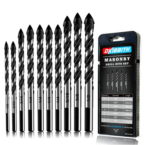 DKIBBITH 10-Piece Masonry Drill Bits Set for Tile Glass Ceramic Brick Wood, 1/8 to 1/2 Inch Drilling Bits with Triangle Handle, YG8 Tungsten Steel Alloy Tip.（Black）