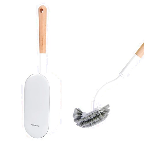 Kpoooku Toilet Brush with Holder,Curved Design Angled Clean Tool with Wood Handle,Wall Mounted Toilet Brushes Set for Bathroom