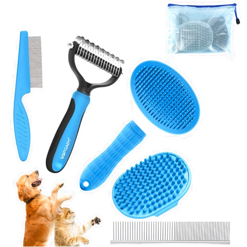 WOPQAEM 5 in 1 Dog Grooming Kit - Self-Cleaning Slicker Brush for Shedding Short Long Haired Dogs & Cats, Includes Pet Comb, Flea Comb, Bath Brush, Undercoat Rake - Complete Fur Care Set - Blue