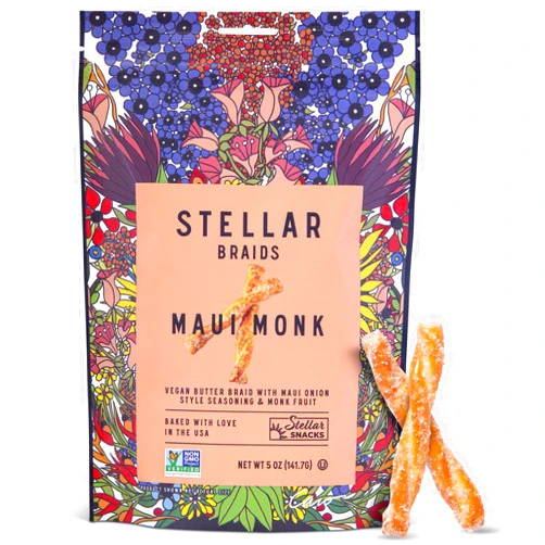 STELLAR SNACKS Stellar Pretzel Braids Maui Monk, 6 Snack Packs (5 oz each) Maui Onion and Monk Fruit Flavor - Stellar Snacks, Vegan, Kosher, Peanut-Free, Non-GMO, Individual Bags, Pretzel Twists - Made in the USA