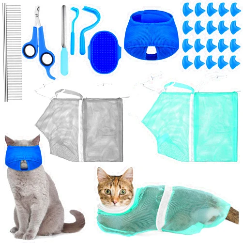 Kritkin 10 Pcs Cat Bathing Bag Set Pet Mesh Shower Bag Anti Bite and Scratch Cat Grooming Bag for Pet Washing Brush, Cat Muzzle, Nail Clipper, Nail File, Tick Tool