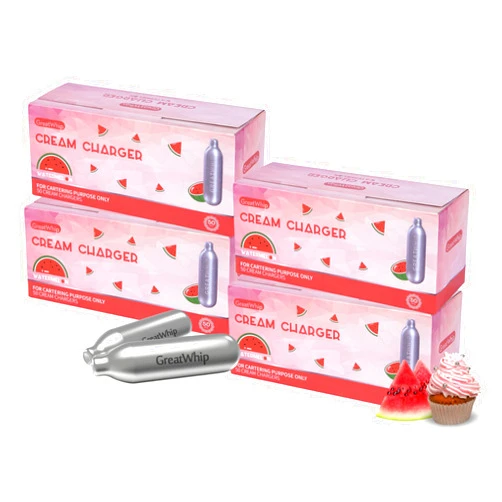 GreatWhip Overstock Whipped Cream Charger N2O Cartridges 600 Count Watermelon Flavor GreatWhip 8.2g for Whipper Whip Cream Dispenser (12 Pack x 50 Count)