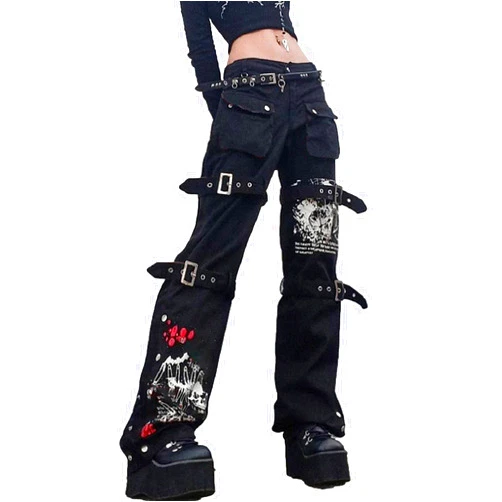 NUFIWI Women Gothic Cargo Pants Loose Low Waist Trousers Wide Leg Baggy Jeans Harajuku Streetwear Punk