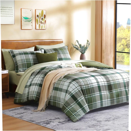 MaiRêve MAIREVE Queen Comforter Set, Plaid Design Comforter Set 7 Pieces, All Season Comfortable Bedding Sets Queen, Lightweight, Warm and Breathable (Olive Green, Queen, 90
