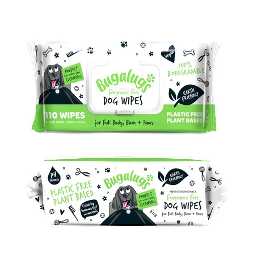 BUGALUGS Dog Wipes, 100% Plastic Free Biodegradable pet Wipes for Full Body, Eye Wipes, Ear Wipes, Bum & Paws. 110 Sensitive Dog Grooming Wipes for Dogs, Puppy & cat Grooming (Fragrance Free)