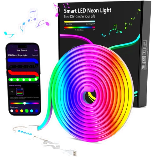 JIMIMORO Neon Rope Lights - 9.8ft RGB LED Strip with App Control, Music Sync, Flexible DIY Design, 5V Neon Lights for Bedroom, Living Room, Gaming, and Party Decoration (9.8FT)