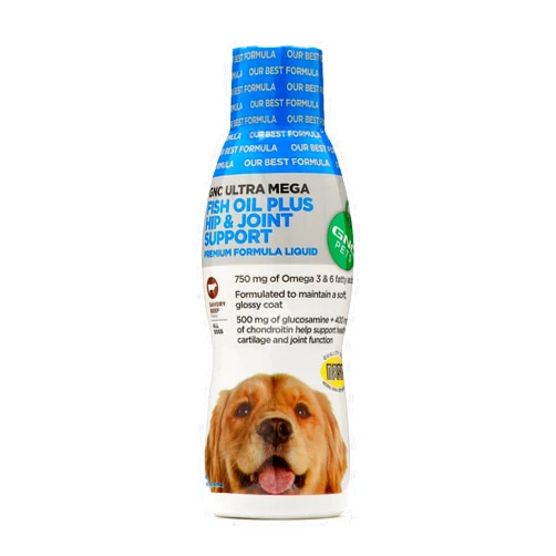 GNC Pets Ultra Mega Fish Oil Plus Hip & Joint Support Supplement for Dogs, 16 Ounces - Beef Flavor | formulated to Maintain a Soft, Glossy Coat | Healthy and Natural Pet Supplements Safe for All Dogs