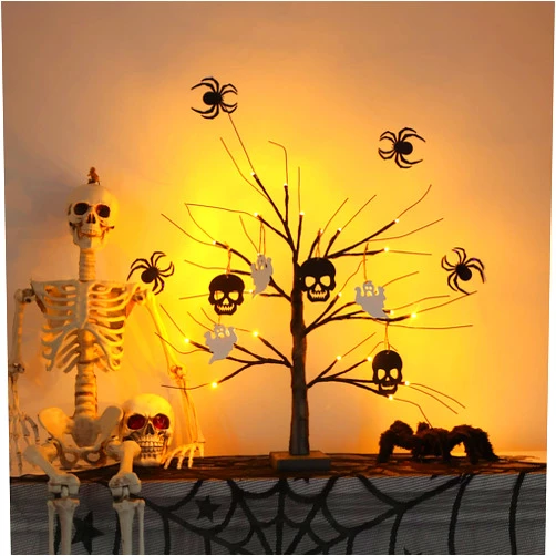 ESTTOP Halloween Decorations Indoor, 24”/2FT Black Scary Halloween Tree with 24 LED Orange Lights, 3 Skeleton and 3 Ghost Ornaments Battery Powered Timer for Home, Outdoor, Party, Table, Mantel Decor