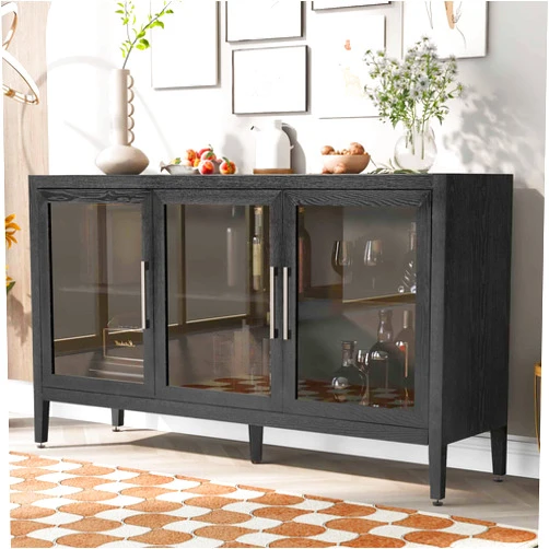 NCKMYB Farmhouse Buffet Cabinet Sideboard, 58'' Accent Storage Cabinet with Glass Doors, Wooden Cupboard Server for Kitchen, Dining Room, Hallway, Black