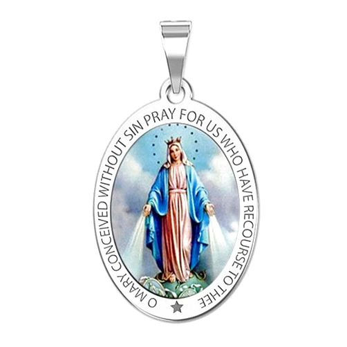 PicturesOnGold.com Miraculous Medal Oval Pendant in 10K/14K Yellow or White Gold & Sterling Silver - Unisex Christian Virgin Mary Pendant - Perfect for First Communion or Confirmation Gifts