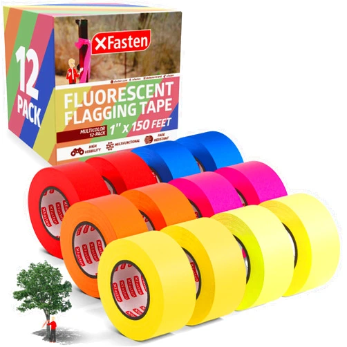 XFasten Fluorescent Flagging Tape Assorted Colors 12-Pack Colorfast Survey Tape (Orange Green Blue Red Pink Yellow) Non-Adhesive Tree Marking Ribbon Tape 1” x 150-Feet (1,800 Feet Total)