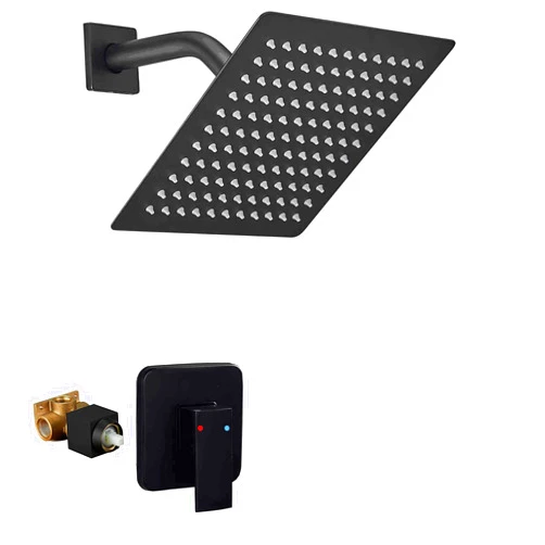 GGStudy Black Shower Faucet GGStudy Single Function Shower Trim Kit with Rough-in Valve Shower Set Bath Rainfall Shower Faucet System 8inch Square Stainless Steel Metal Shower Head