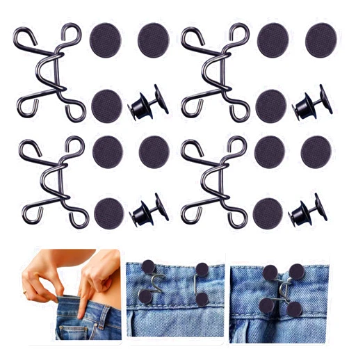Urmspst 4 Set Pant Waist Tightener, Adjustable Waist Buckle Set, Extra Button for Jeans to Make Tighter, Button Adjuster for Pants, Jeans, Skirts, Sleeves, (Black)