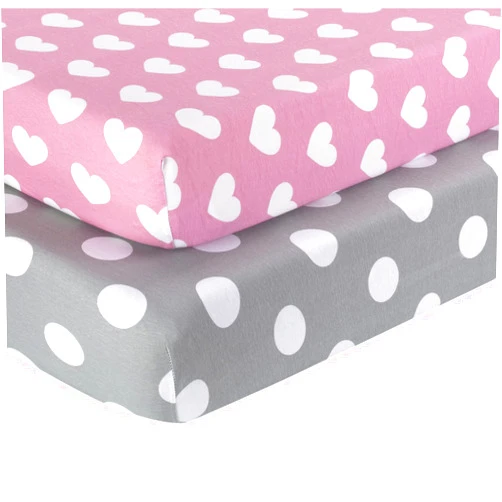 EVERYDAY KIDS 2 Pack Fitted Crib Sheets for Girls in 100% Jersey Knit Cotton – Baby Girl Crib Mattress Sheets in Pink and Purple Heart and Polka Dot Designs by Everyday Kids; Sweet Baby Girl Nursery Theme