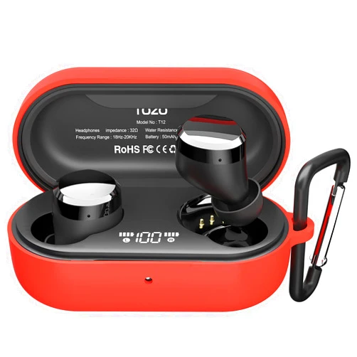 TOZO T12 Protective Silicone Case Shockproof Soft Skin Cover for TOZO T12 Earbuds with Front LED Visible and Keychain Red