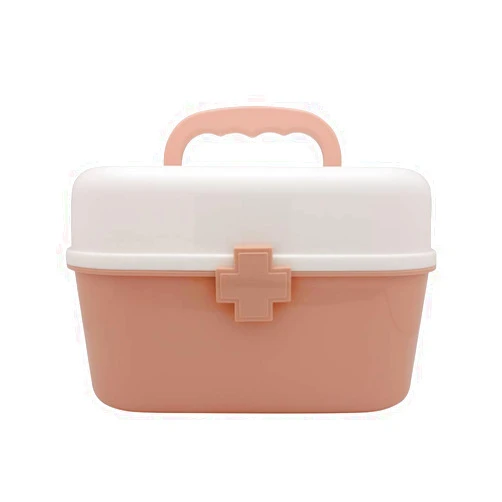 BangQiao Plastic First Aid Storage Box Container Bin with Removable Tray and Portable Handle, Family Emergency Medicine Kit Case Organizer, White&Pink