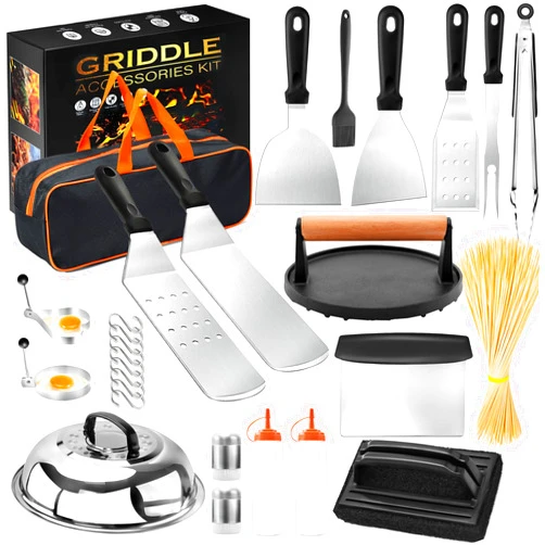 LANNEY Griddle Accessories, 127 Pcs Flat Top Grill Accessories Kit for Blackstone and Camp Chef Griddle Spatula Tool Set with Enlarged Spatulas, Basting Cover, Scraper, Burger Press for Outdoor BBQ