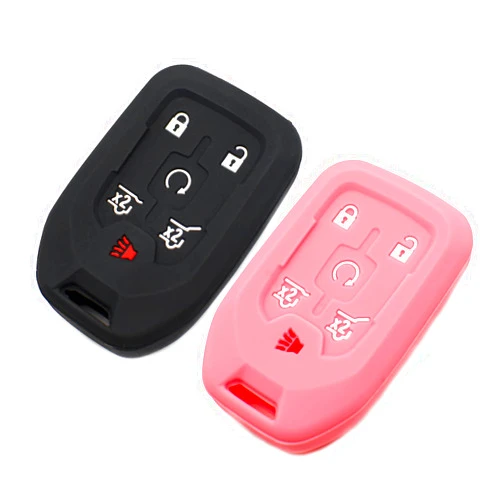 EYANBIS Silicone Key Fob Cover Fit for Chevy Chevrolet Tahoe Suburban 3500 HD GMC Terrain Yukon XL 1500 GM Smart 6 Buttons | Car Accessories | Remote Key Protection Case - Black & Pink