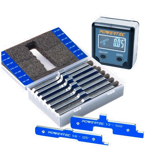 POWERTEC 7pc Set Router Table Setup Bars, 3-Gauges-in-One Aluminum Setup Blocks Height Gauge Set w/Table Saw Angle Gauge, Digital Angle Finder Protractor for Woodworking, Table Saw, Miter Saw (72037)