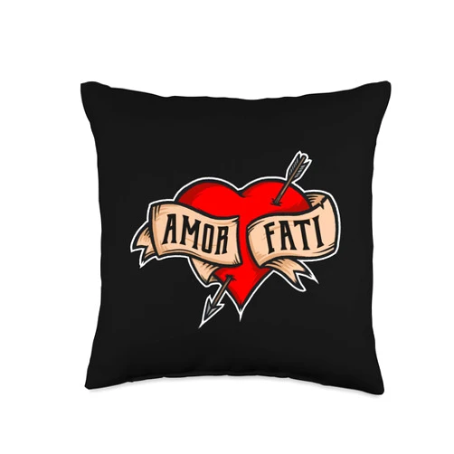 Amor Fati retro gifts for philosophers Amor Fati-Classic Nietzsche Tattoo Heart Design Throw Pillow, 16x16, Multicolor