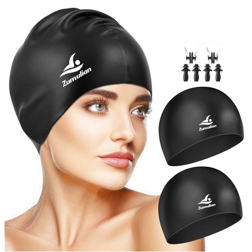 ZUMULIAN Silicone Swim Cap for Men &Women,3D Ergonomic Design Swimming Caps with Ear Plug and Nose Clip Suit for Long Hair