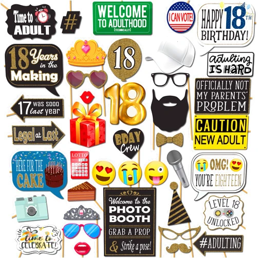 Outside The Booth 18th Birthday Photo Booth Props - 41-pc Photobooth Kit with 8 x 10-Inch Sign, 60 Adhesive Pads, 45 Sticks - 18th Birthday Decorations for Girls and Boys - 18 Photo Booth Props