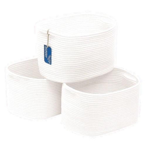 AUSSIY 3 Pack Rope Baskets for Storage Basket, Cotton Rope Woven Basket with Handles. Blanket Basket for Storing Clothes, Toys, Books, Shelves etc, 15''L x 10''W x 9.5''H, Off White