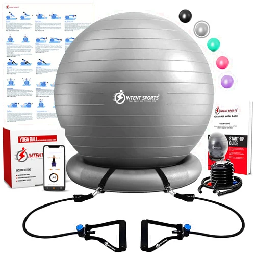INTENT SPORTS Yoga Ball Chair – Stability Ball with Inflatable Stability Base & Resistance Bands, Fitness Ball for Home Gym, Office, Improves Back Pain, Core, Posture & Balance (65 Cm)