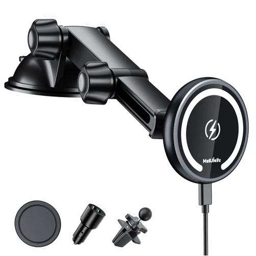 MAGJIEYX for Magnetic Magsafe Car Mount Charger, Wireless Car Charger with Fast Max 36W QC3.0Charging Adapter Retractable Phone Holder Fits iPhone16/15/14/13Plus/MagSafe Case,Dashboard/Vent/Windshield