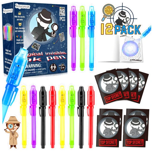Joycover 12 PCS Invisible Ink Pen with UV Light for Kids, Spy Pens and Notebook, Birthday Party Favors for Kids 4-8, School Prize Goodie Bag Stuffers, UV Pen for Secret Message Escape Room