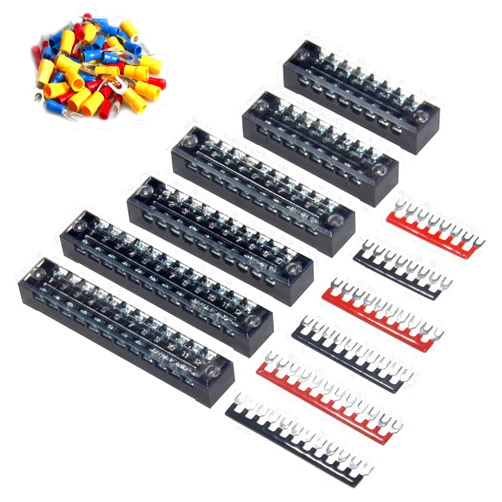 MILAPEAK Terminal Block and Strip - 6 Sets 8/10/12 Positions 600V 15A Dual Row Wire Screw Terminal Strip with Cover + Pre-Insulated Terminals Barrier Strips Jumpers + Insulated Fork Wire Connectors