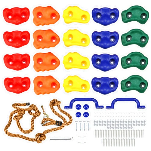 Yaegoo 20 PCS Rock Climbing Holds with Climbing Rope and Handles, Rock Wall Climbing Holds Kit for Indoor and Outdoor Playset, Mounting Hardware Included