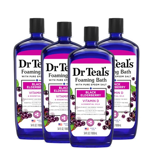 Dr Teal's Foaming Bath with Pure Epsom Salt, Black Elderberry with Vitamin D, 34 fl oz (Pack of 4) (Packaging May Vary)