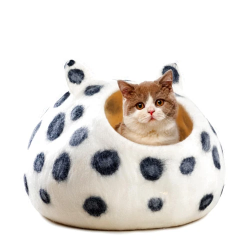 Woolygon Wool Cat Cave Bed - Extra Warm, Handcrafted, Eco-Friendly Felt Cat Cave for Indoor Cats and Kittens (White Polka) by Woolygon
