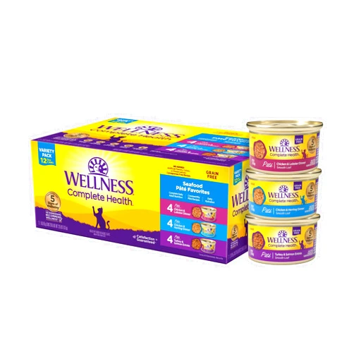 Wellness Complete Health Grain-Free Wet Canned Cat Food, Seafood Pate Favorites Variety Pack, 3 Ounce Can (Pack of 12)