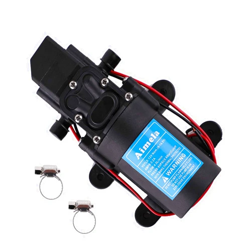 Aimela 12V DC Fresh Water Pump with 2 Hose Clamps,Self Priming Sprayer Pump with Pressure Switch,12 Volt High Pressure Pump Diaphragms,4.5 L/Min 1.2 GPM 85 PSI Adjustable for Spray,Marine,Lawn